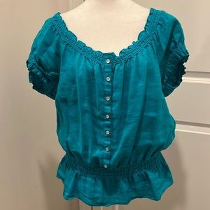 Teal top w/pearl buttons in front & elastic waistband. Nine West, in size Med.